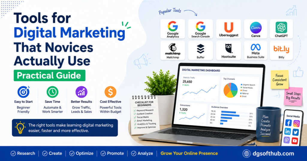Beginner-friendly digital marketing tools infographic featuring SEO, analytics, content marketing, social media, Canva, ChatGPT, Google Analytics, and marketing dashboards