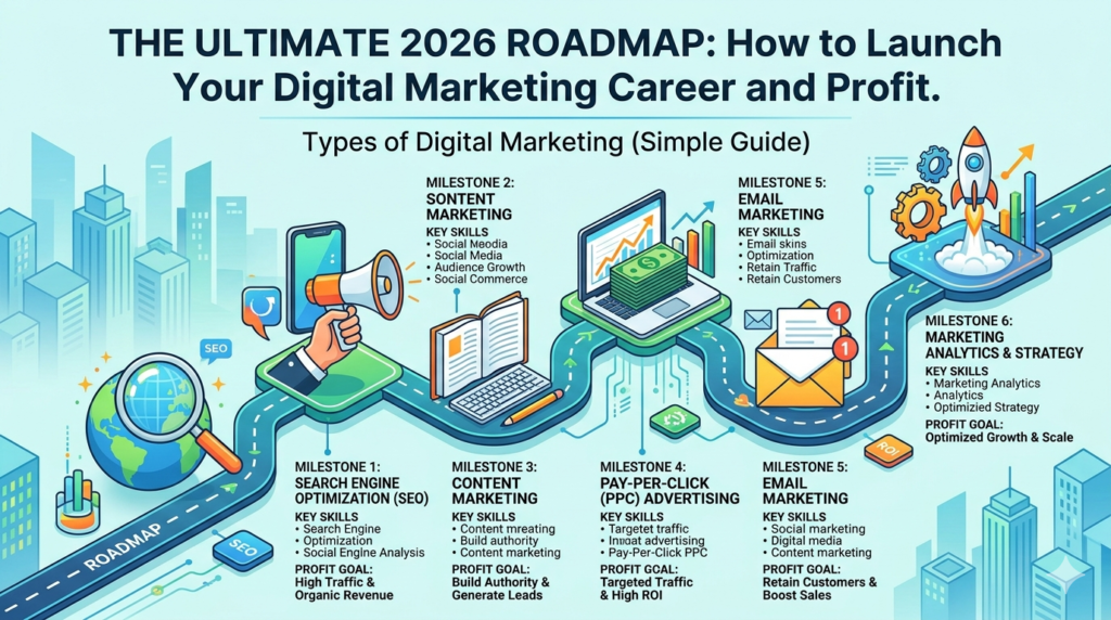 A detailed roadmap infographic showing six milestones of digital marketing, including SEO, Content Marketing, PPC, Email Marketing, and Analytics, with key skills and profit goals for each.