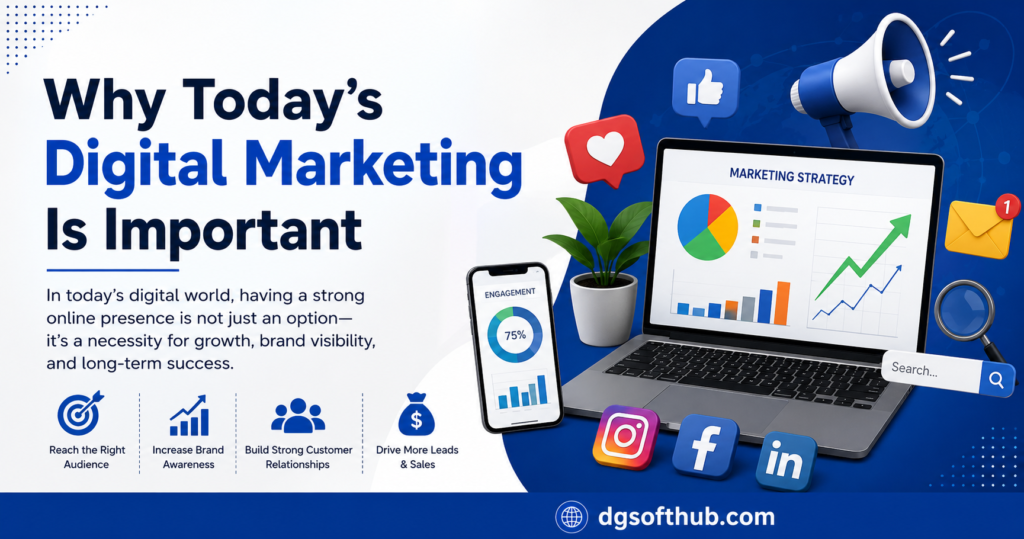 Why today’s digital marketing is important infographic showing SEO, social media, analytics, branding, and online business growth
