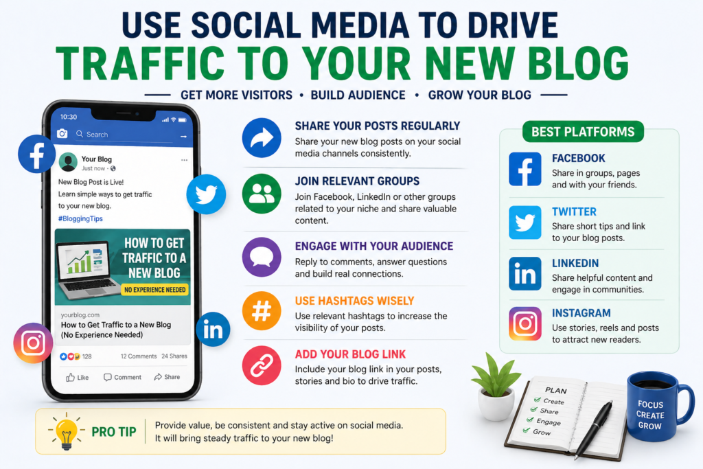 use social media to drive traffic to your new blog using facebook twitter linkedin