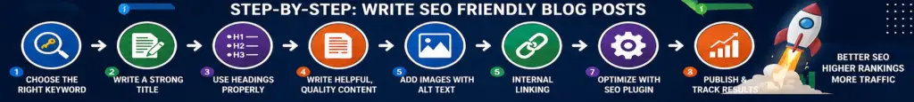 step by step process to write seo friendly blog posts including keywords headings and optimization