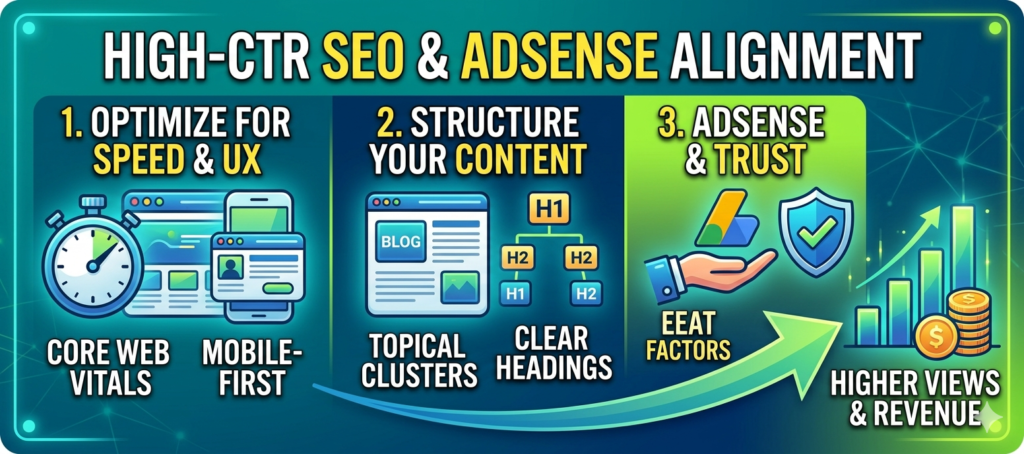 Infographic showing the 3-step alignment between SEO best practices and AdSense guidelines for maximizing Click-Through Rate (CTR).