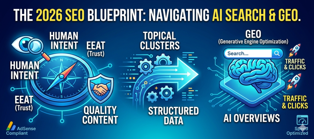 Infographic displaying the 2026 SEO Blueprint roadmap for digital marketing blogs, prioritizing Human Intent, EEAT, and GEO.