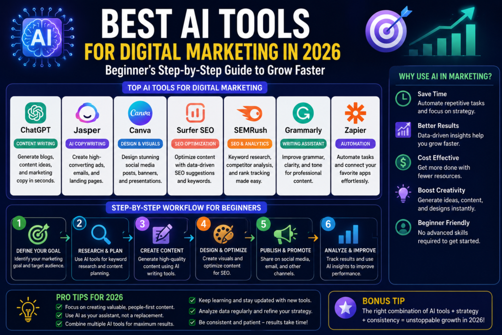 Infographic showing the best AI tools for digital marketing in 2026 including ChatGPT, Canva, SEMrush, Grammarly, Zapier, and SEO workflow for beginners