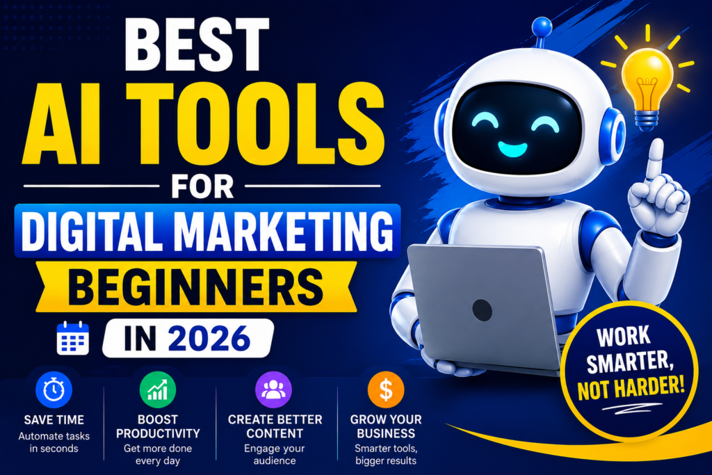 Best AI tools for digital marketing beginners in 2026 featuring SEO, content creation, productivity, and AI marketing automation
