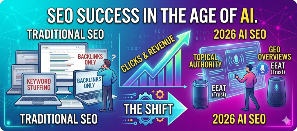 Comparison infographic showing the evolution of SEO Success from traditional search to the age of AI, focusing on EEAT, Topical Authority, and GEO.