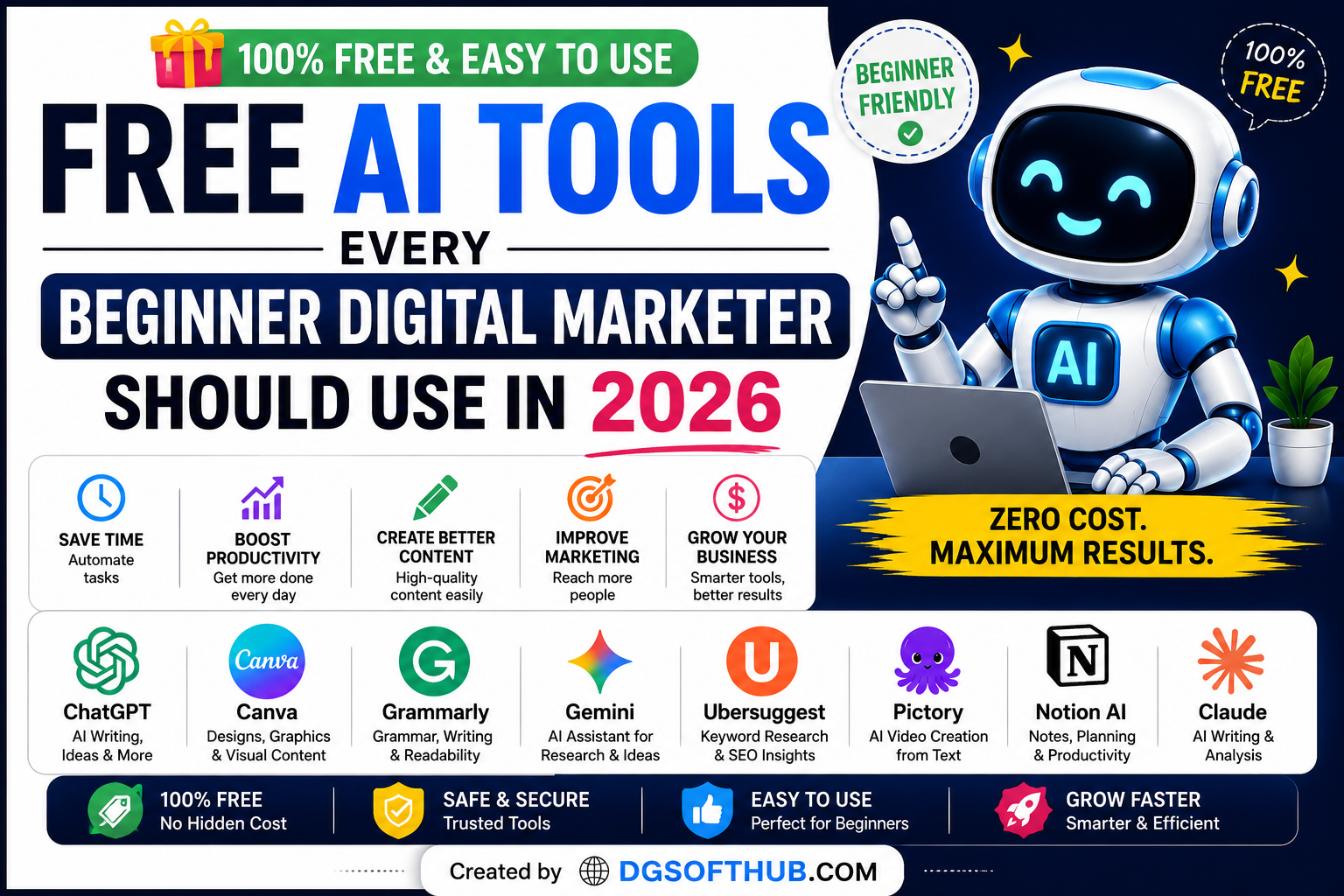 Free AI tools for beginner digital marketers in 2026 featuring ChatGPT, Canva, Grammarly, Gemini, Ubersuggest, Pictory, Notion AI, and Claude