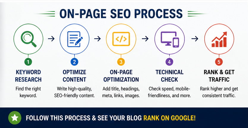 on page seo process steps including keyword research content optimization technical seo and ranking strategies