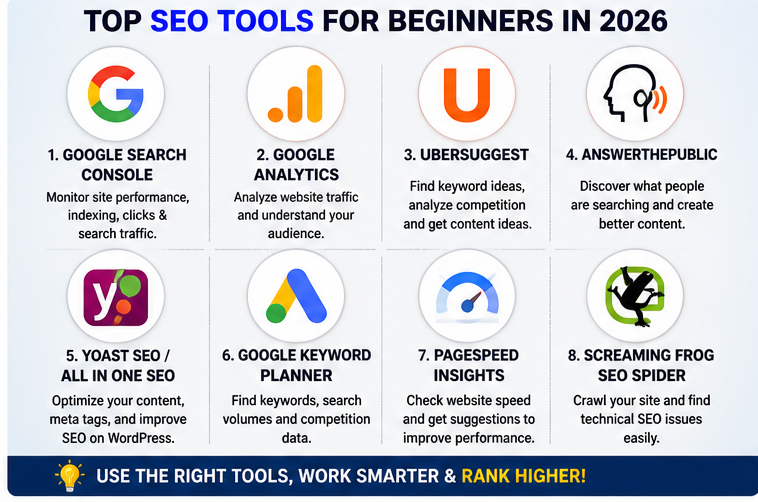 top seo tools list for beginners including google search console analytics ubersuggest and keyword tools