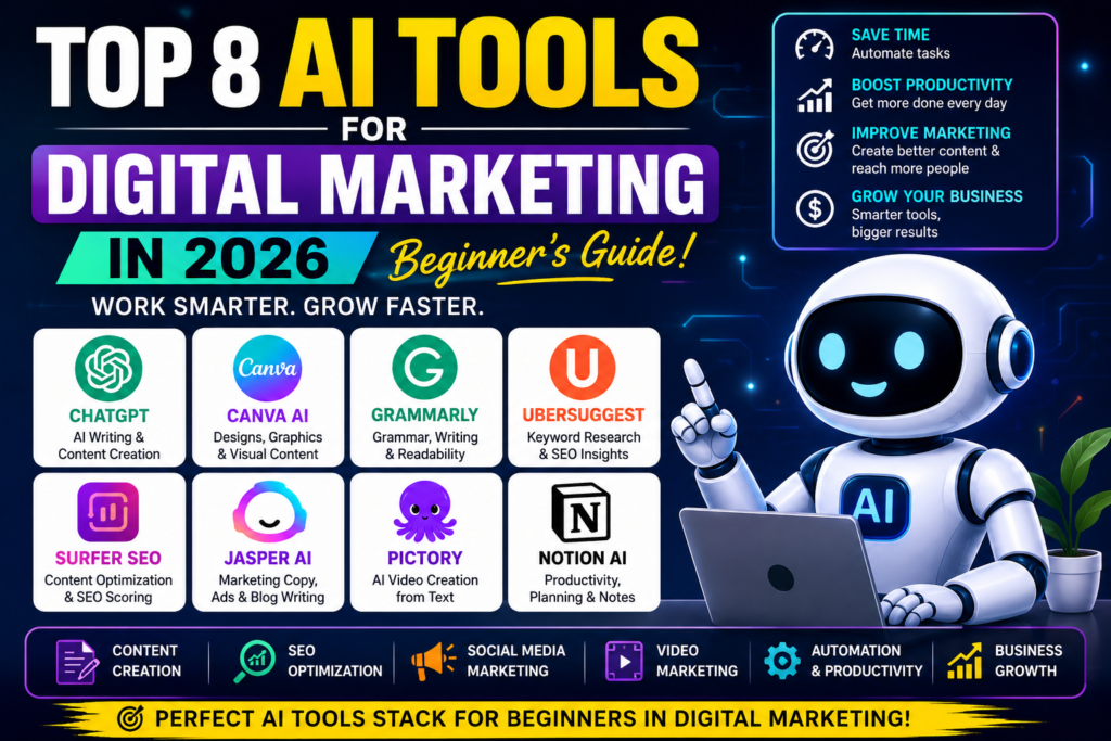 Top AI tools for digital marketing beginners in 2026 including ChatGPT, Canva AI, Grammarly, Surfer SEO, and Ubersuggest