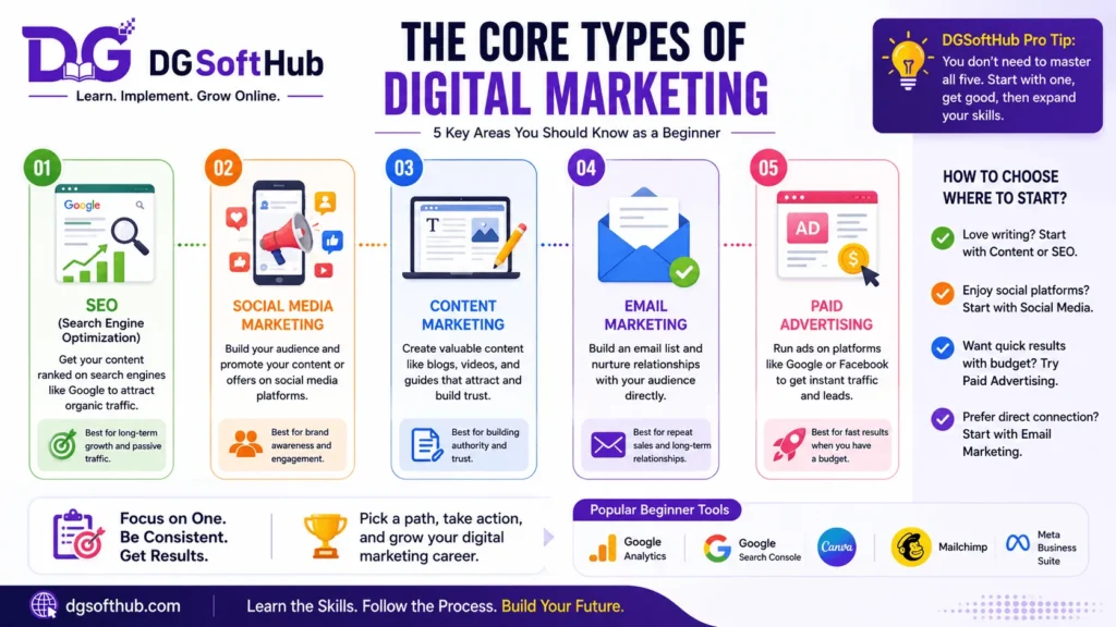 An infographic by DG SoftHub illustrating the 5 core types of digital marketing—SEO, social media, content, email, and paid advertising—along with beginner tools and selection tips