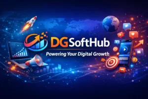 DGSoftHub company logo with the tagline 'Powering Your Digital Growth' surrounded by digital marketing graphics - a practical guide