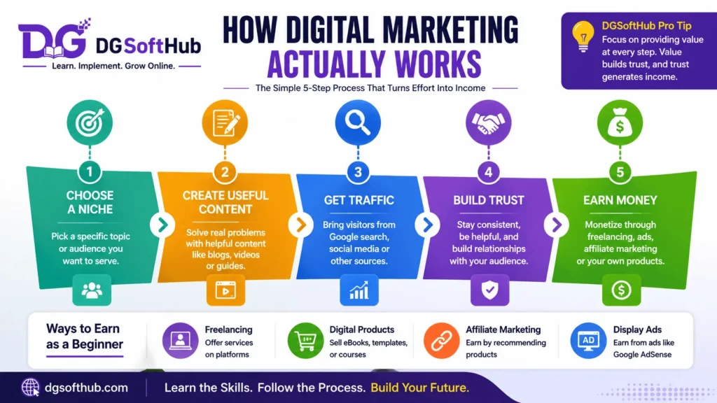 5-step infographic by DG SoftHub mapping out how digital marketing works, from choosing a niche to earning money online.