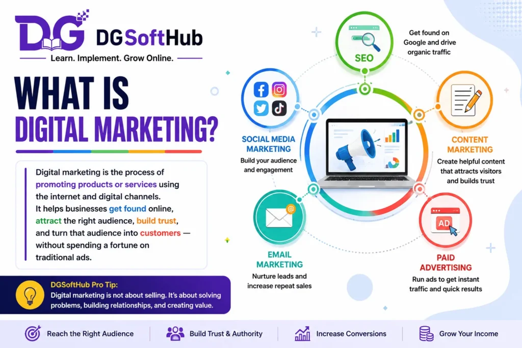 Infographic explaining what is digital marketing by DG SoftHub, highlighting a central laptop surrounded by five core marketing channels: SEO, social media, content marketing, email marketing, and paid advertising.