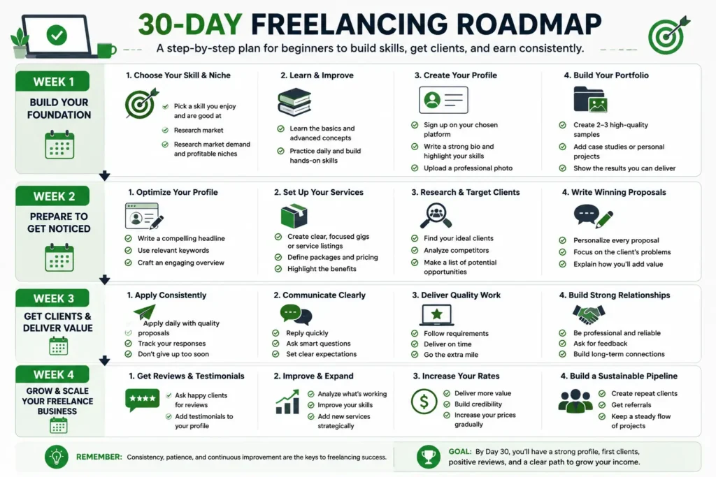 illustration of 30-day freelancing roadmap infographic showing a week-by-week plan for beginners to build skills, create a profile, get freelance clients, and grow a successful freelance business