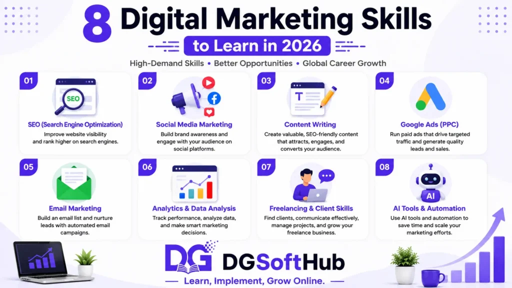 Infographic showing eight digital marketing skills for beginners in 2026: SEO, social media marketing, content writing, paid advertising, email marketing, freelancing and client skills, graphic design, and AI tools.