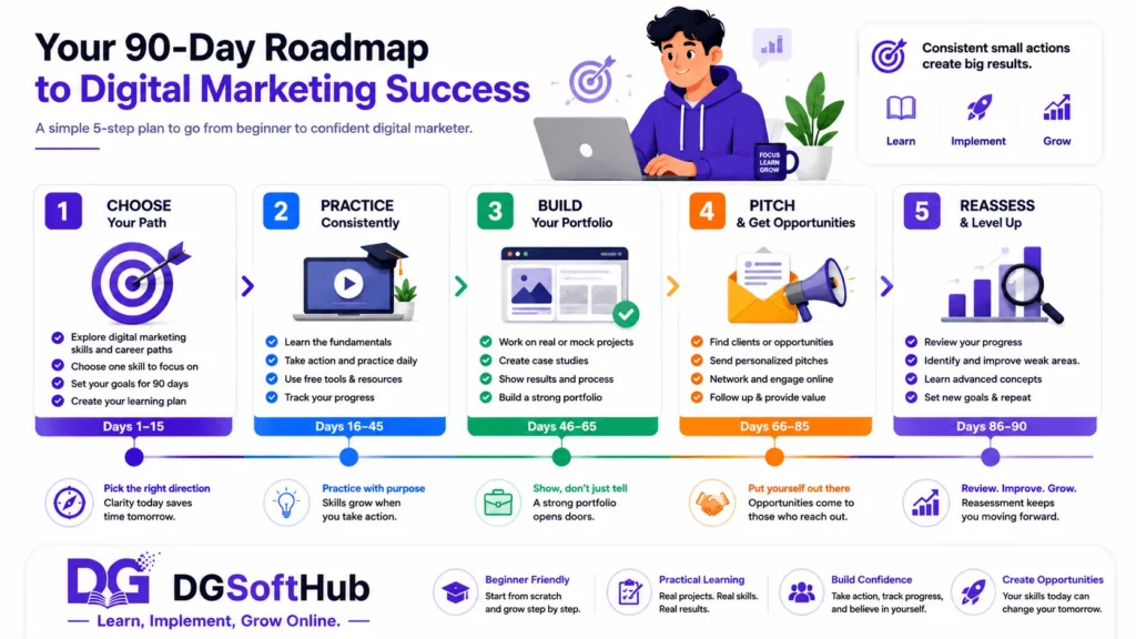 Five-step 90-day roadmap for beginners to choose a digital marketing skill, practise consistently, build a portfolio, pitch clients, and reassess progress.