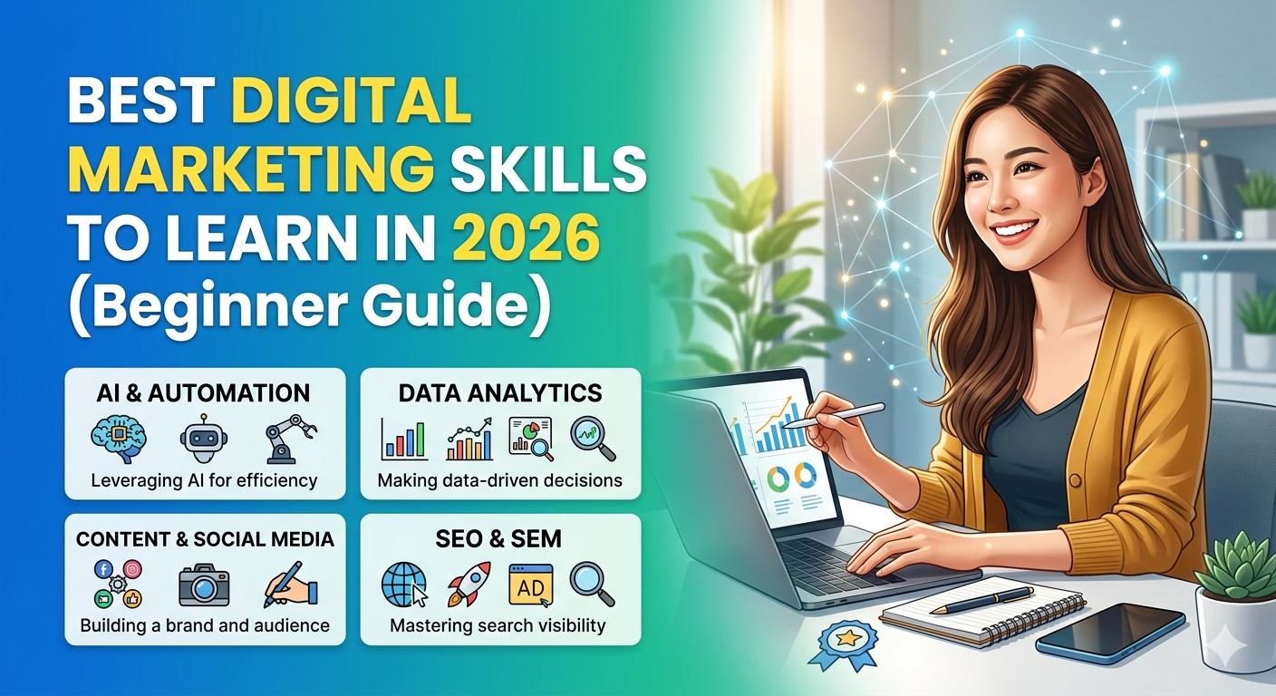 Infographic guide showing key digital marketing skills to learn for 2026.