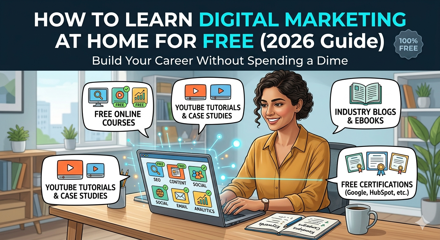A colorful infographic showing a woman at a laptop with diverse free digital marketing learning resources, such as free online courses, YouTube tutorials, industry blogs, and free certifications, with the headline "How to Learn Digital Marketing at Home for Free (2026 Guide)".