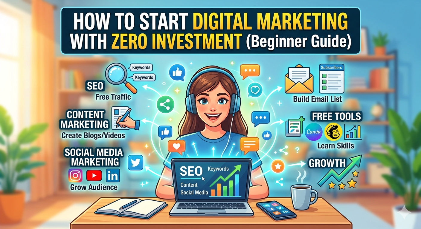 An illustrative guide showing a beginner at a desk with a laptop, surrounded by digital marketing icons like SEO, Social Media, and Content Marketing, emphasizing a zero-investment start.