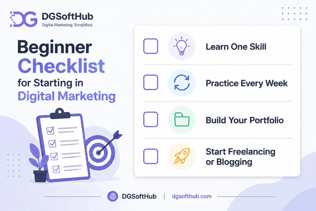 Beginner checklist for starting in digital marketing illustration featuring a step-by-step roadmap with icons for learning a skill, practicing consistently, building a portfolio, and starting freelancing or blogging.