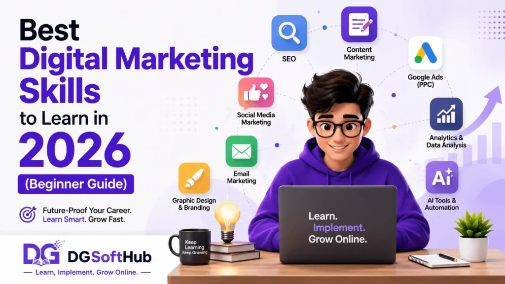 Beginner learning essential digital marketing skills in 2026, including SEO, social media, email marketing, Google Ads, graphic design, and AI tools.