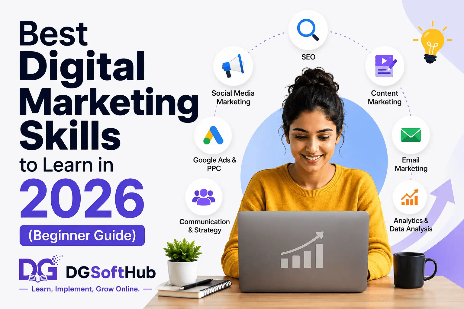 Best digital marketing skills to learn in 2026 for beginners including SEO, content marketing, Google Ads, email marketing, social media marketing, and analytics.