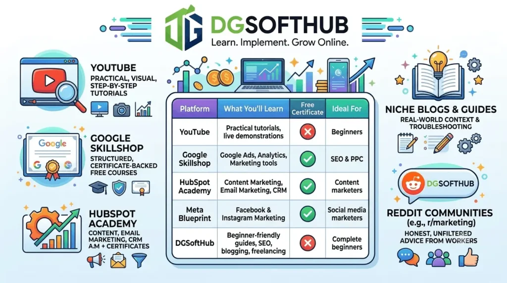Infographic by DGSoftHub comparing the best free platforms to learn digital marketing, including YouTube, Google Skillshop, HubSpot Academy, Meta Blueprint,