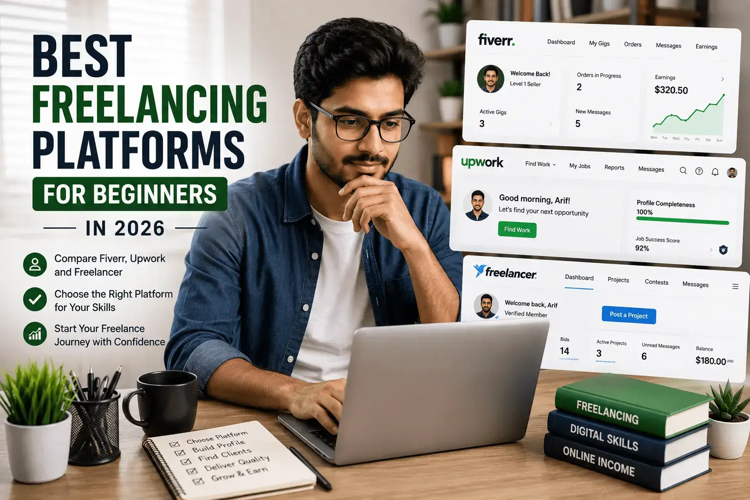 Beginner freelancer comparing Fiverr, Upwork, and Freelancer to choose the best freelancing platform in 2026.