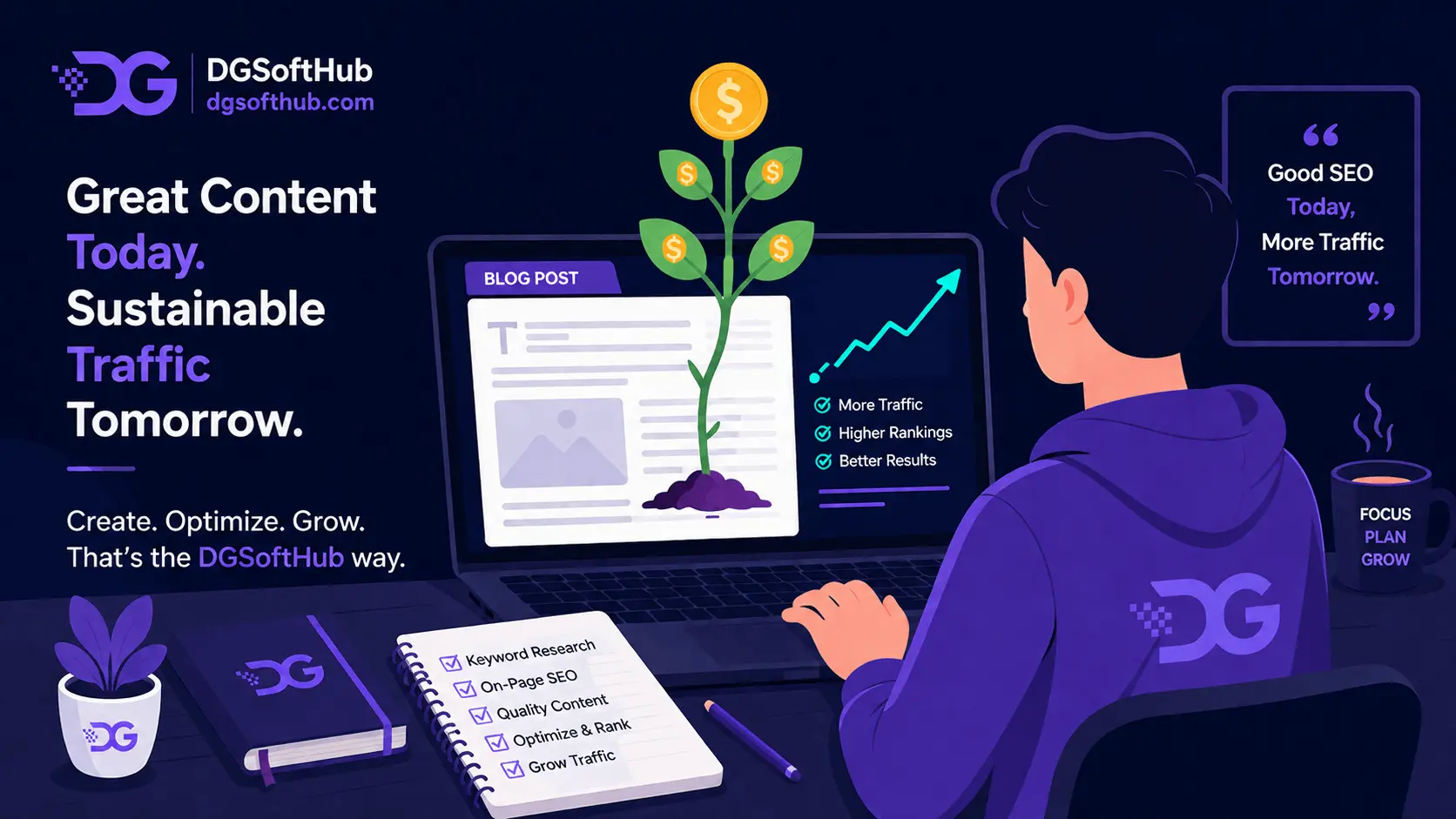 Flat illustration of a blogger using a laptop to grow website traffic through SEO and content marketing with an upward growth chart and coin-shaped leaves representing blog monetization.