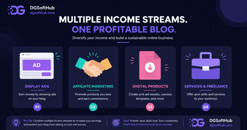 Blogging income streams illustration showing display ads, affiliate marketing, digital products, and freelance services as four profitable ways to monetize a blog in 2026.