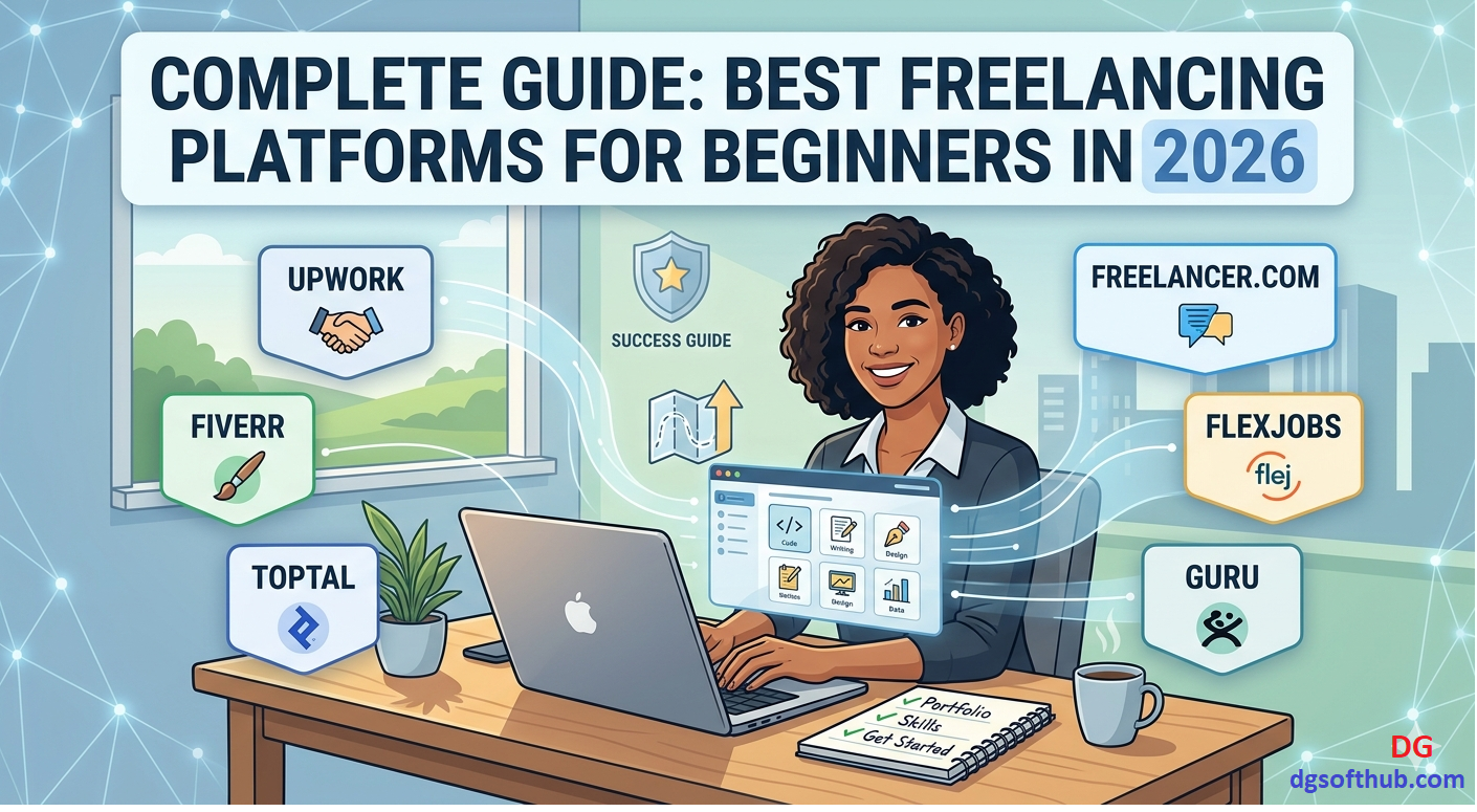 freelancing platforms Upwork, Fiverr, Toptal, Freelancer.com, FlexJobs, and Guru, under the title 'Complete Guide: Best Freelancing Platforms for Beginners in 2026'. 'Skills', and 'Get Started'.