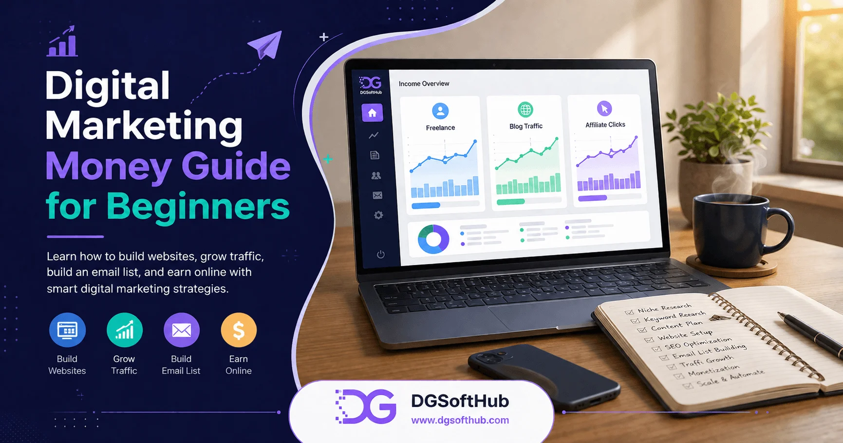 Digital Marketing Money Guide for Beginners illustration showing a laptop with freelance income, blog traffic, and affiliate click dashboards alongside a modern home workspace, representing beginner-friendly online income strategies in 2026.