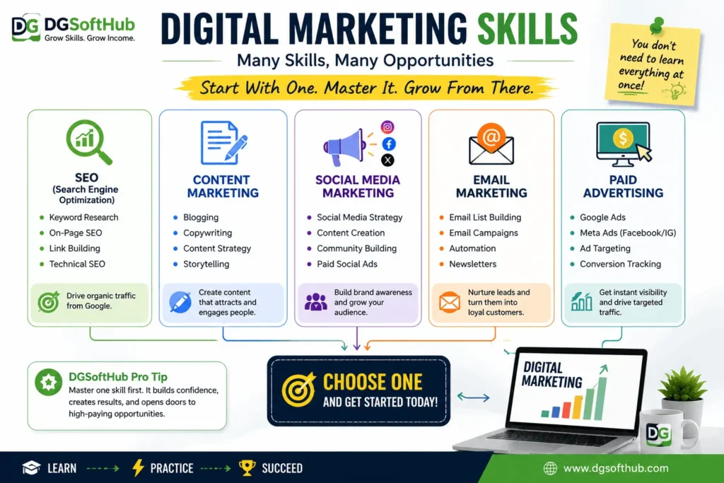 Digital marketing skills infographic showing SEO, content marketing, social media marketing, email marketing, and paid advertising for beginners.