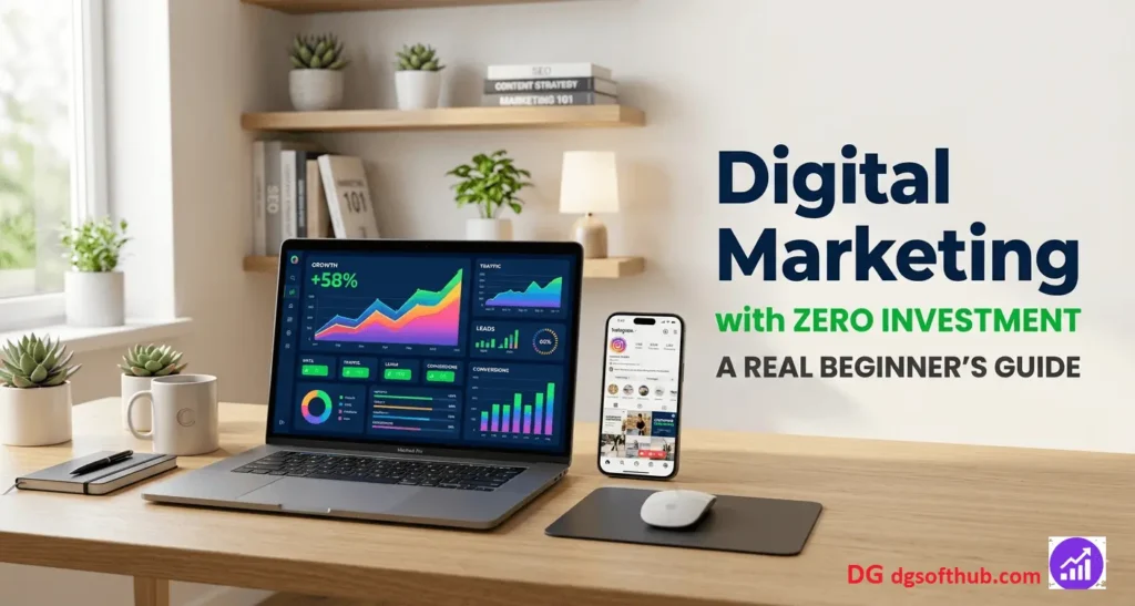 Laptop and phone on a desk showing digital marketing dashboards and Instagram freelancer profile — beginner's guide to starting digital marketing with zero investment