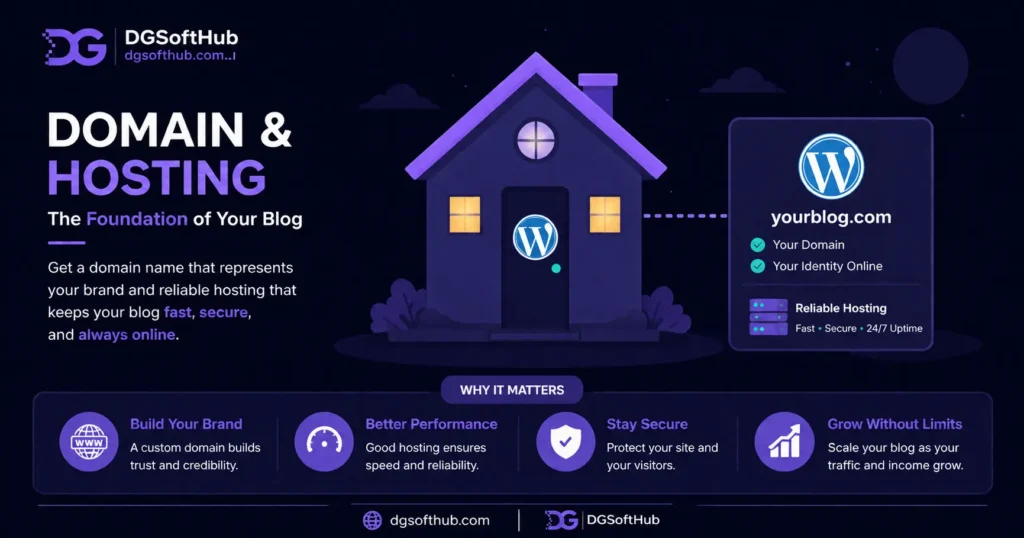 Domain and hosting setup illustration for new bloggers showing a house connected to a WordPress website, explaining how a custom domain and reliable hosting form the foundation of a successful blog.