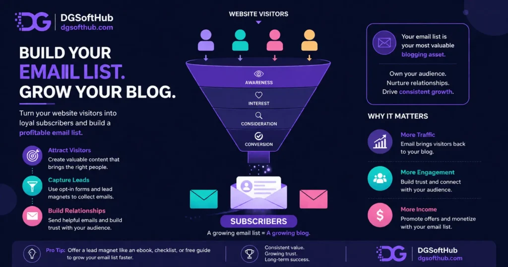 Email list building funnel infographic for bloggers showing website visitors entering a marketing funnel and converting into email subscribers to grow blog traffic, engagement, and revenue.