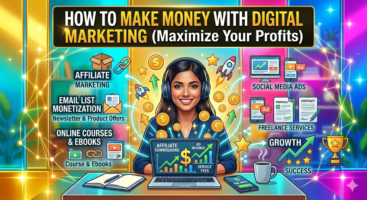 A colorful infographic showing a woman at a laptop surrounded by digital marketing profit channels like Affiliate Marketing, Email Monetization, Online Courses, and Freelance Services.