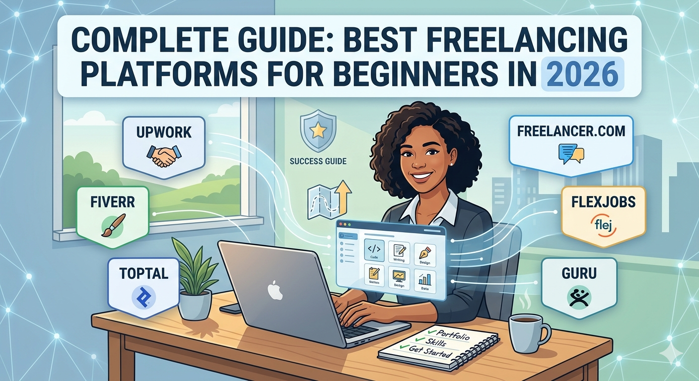 An illustrative infographic shows a smiling woman at a desk with a laptop, surrounded by floating logos of freelancing platforms Upwork, Fiverr, Toptal, Freelancer.com, FlexJobs, and Guru, under the title 'Complete Guide: Best Freelancing Platforms for Beginners in 2026'. A checklist on the desk includes 'Portfolio', 'Skills', and 'Get Started'.