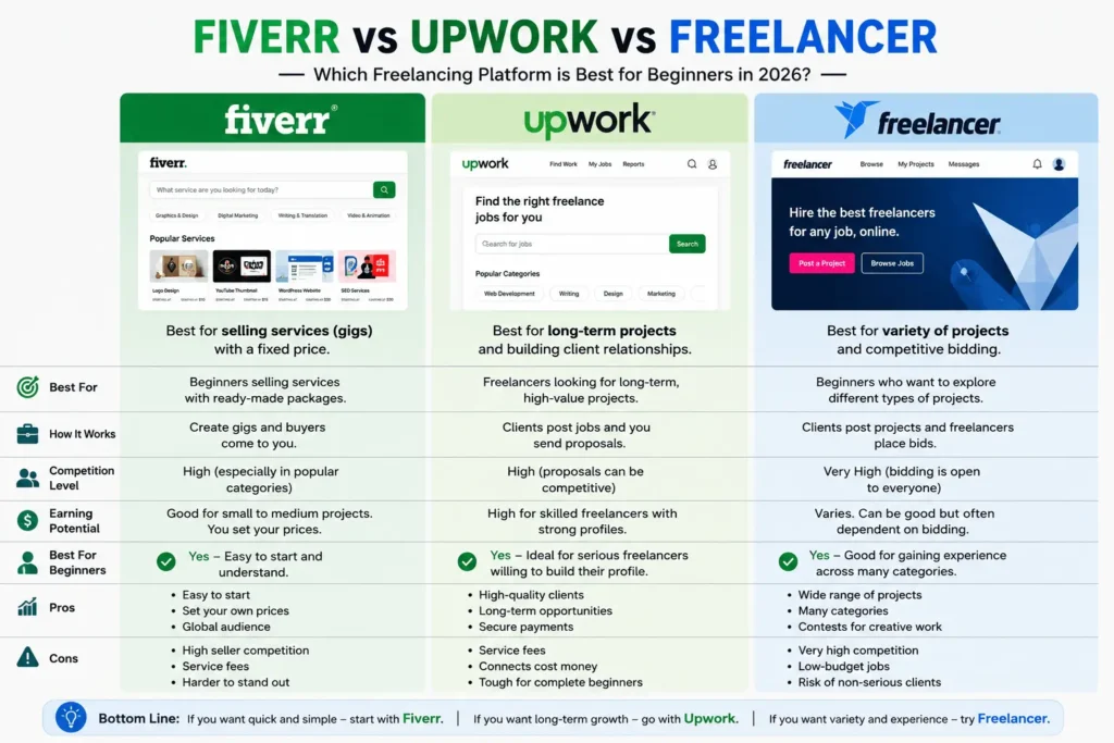 Comparison chart of Fiverr, Upwork, and Freelancer showing features, pros, cons, competition, and the best freelancing platform for beginners in 2026.