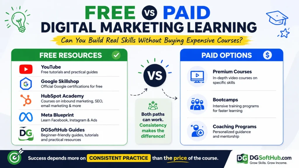 infographic of Free vs paid digital marketing learning comparison showing YouTube, Google Skillshop, HubSpot Academy, Meta Blueprint, and premium courses for beginners.