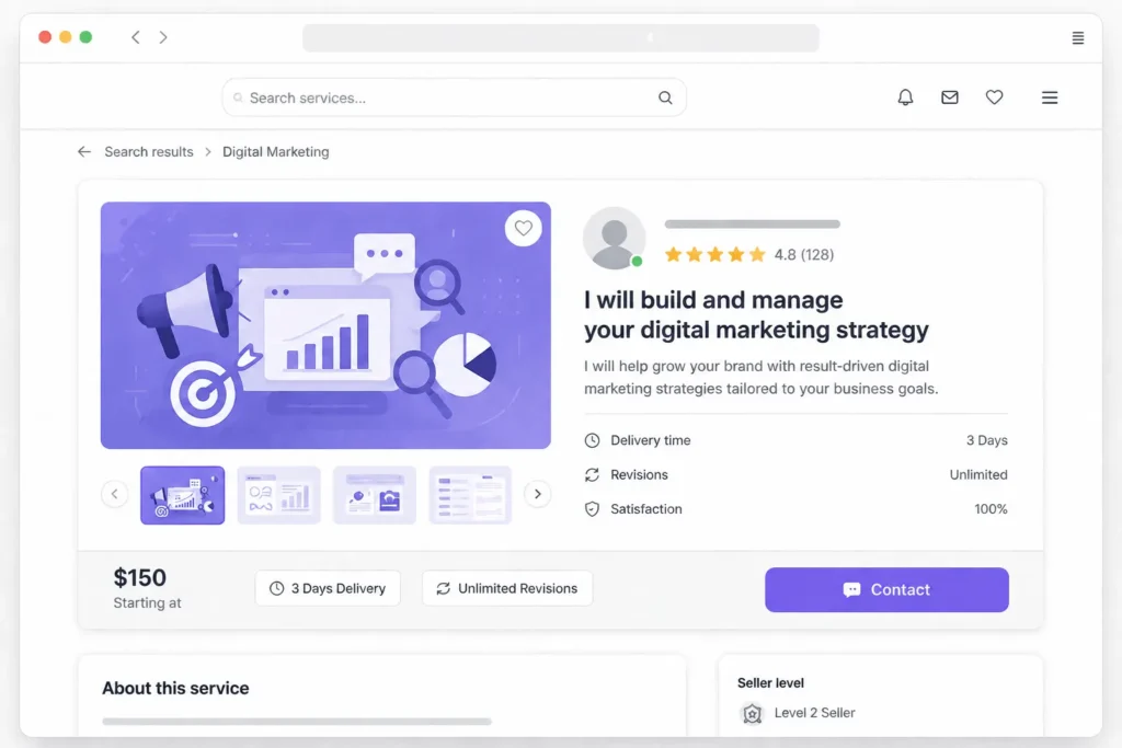 Freelance digital marketing gig example for beginners showing a professional service card with profile placeholder, star rating, service overview, and contact button in a clean marketplace interface.