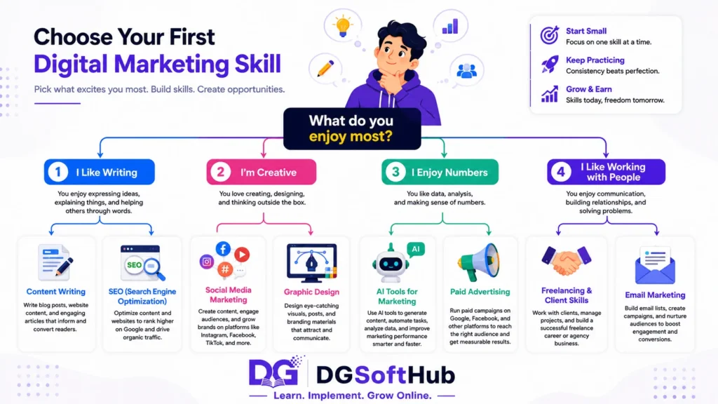 Decision guide helping beginners choose a digital marketing skill based on whether they enjoy writing, creativity, numbers, or working with people.