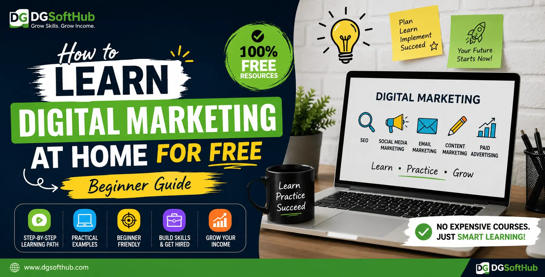Illustration of Beginner learning digital marketing at home for free using a laptop, with SEO, content marketing, social media, email marketing, and Google Ads displayed on screen.