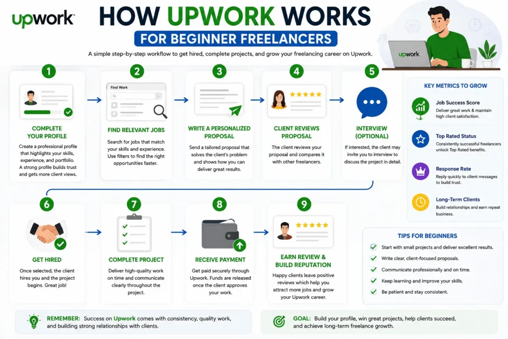 Illustration showing how Upwork works for beginner freelancers, from creating a profile and submitting proposals to getting hired and receiving payments.