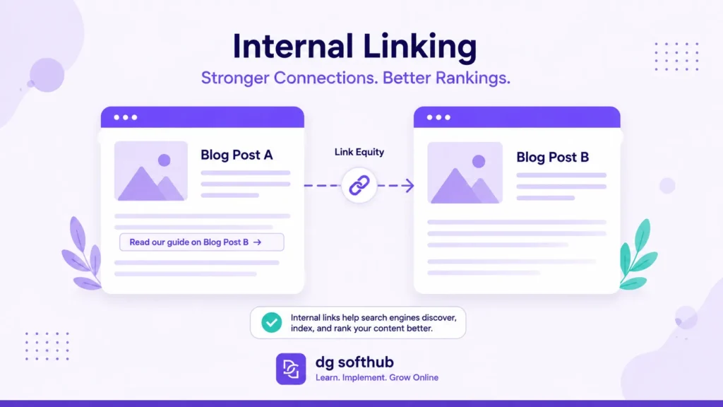 internal linking between blog posts dgsofthub Illustration of internal linking between two blog posts connected by a dotted arrow, showing how internal links help distribute link equity for SEO.