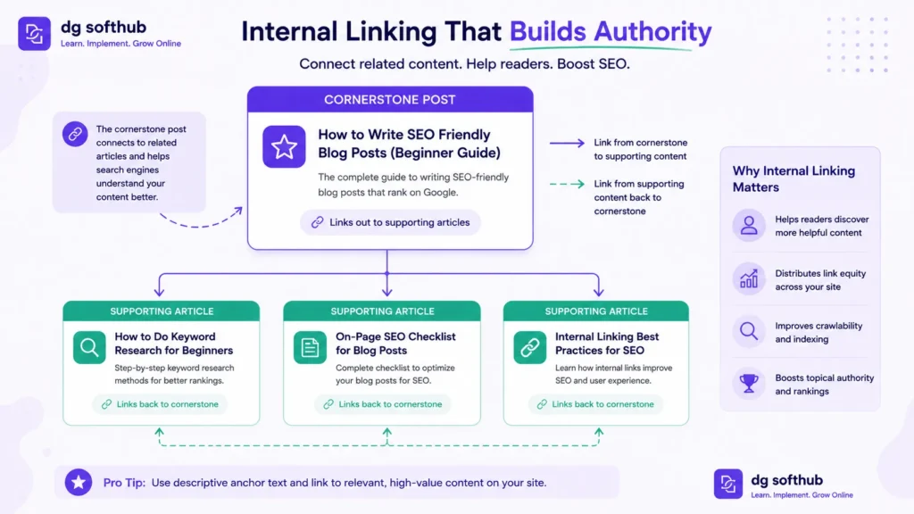 Visual diagram showing a cornerstone blog post connected to three supporting articles through a clean internal linking structure that improves SEO and site navigation.