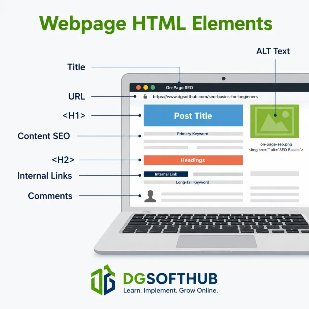 On-page SEO illustration showing title tags, meta description, headings, images, internal links, and schema markup.