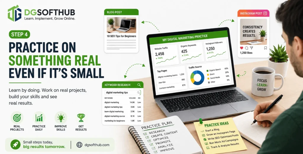 Beginner practicing digital marketing at home by working on real SEO and content marketing projects.