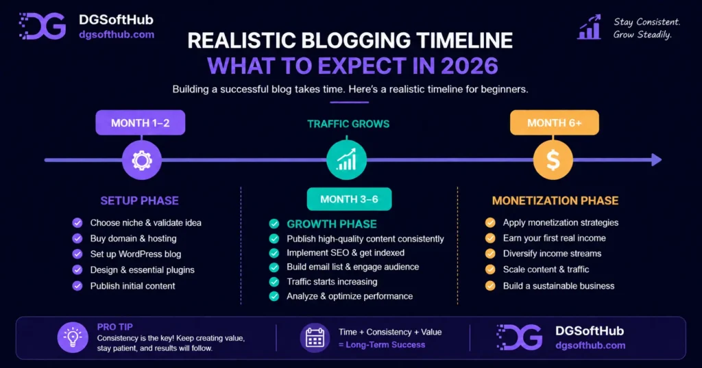 Realistic blogging timeline chart for beginners in 2026 showing the setup phase from months 1–2, traffic growth during months 3–6, and monetization with first blog income after month 6.